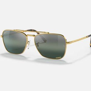Ray-Ban New Caravan Polished Gold Chromance Sunglasses with Rugged Leather Case